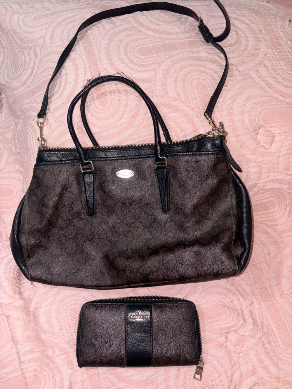 Coach Brown and Black Signature Canvas Tote with Matching Wallet